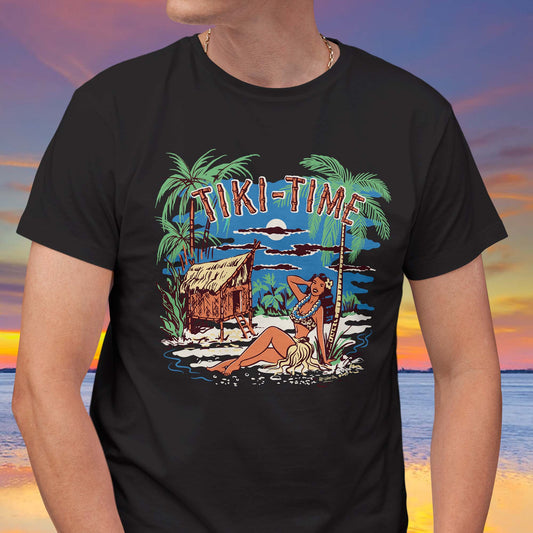 Unisex mens black t-shirt featuring a vintage style illustration of a tiki hut and a hula girl on a tropical island. Bamboo text says "Tiki-Time"