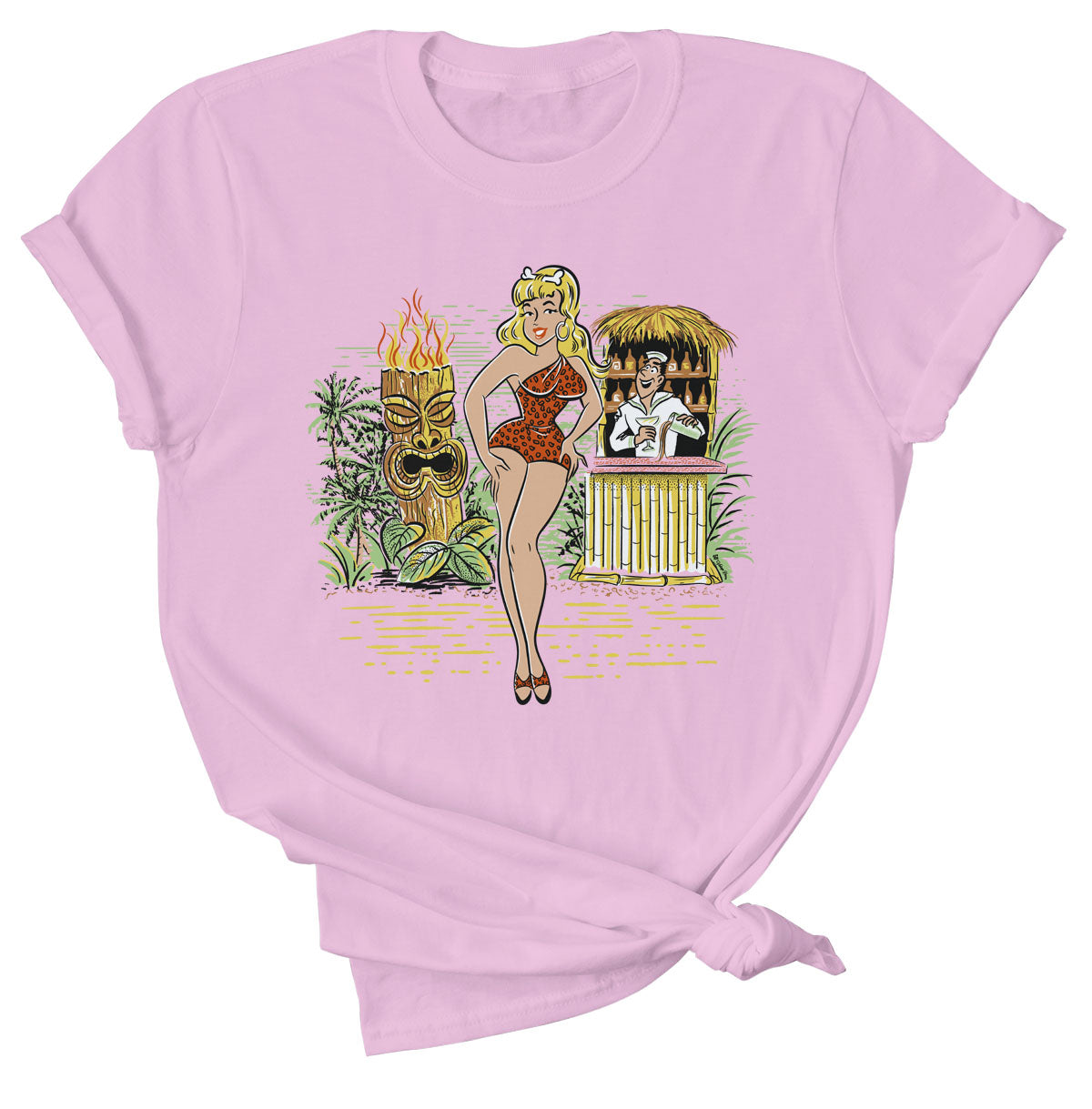 Pink cotton tee shirt with an original illustration featuring a sexy tiki queen pionup lady. Behind her a tiki statue bursts into flames and a sailor behind a little tiki bar spills his drink because he can't take his eyes off her.