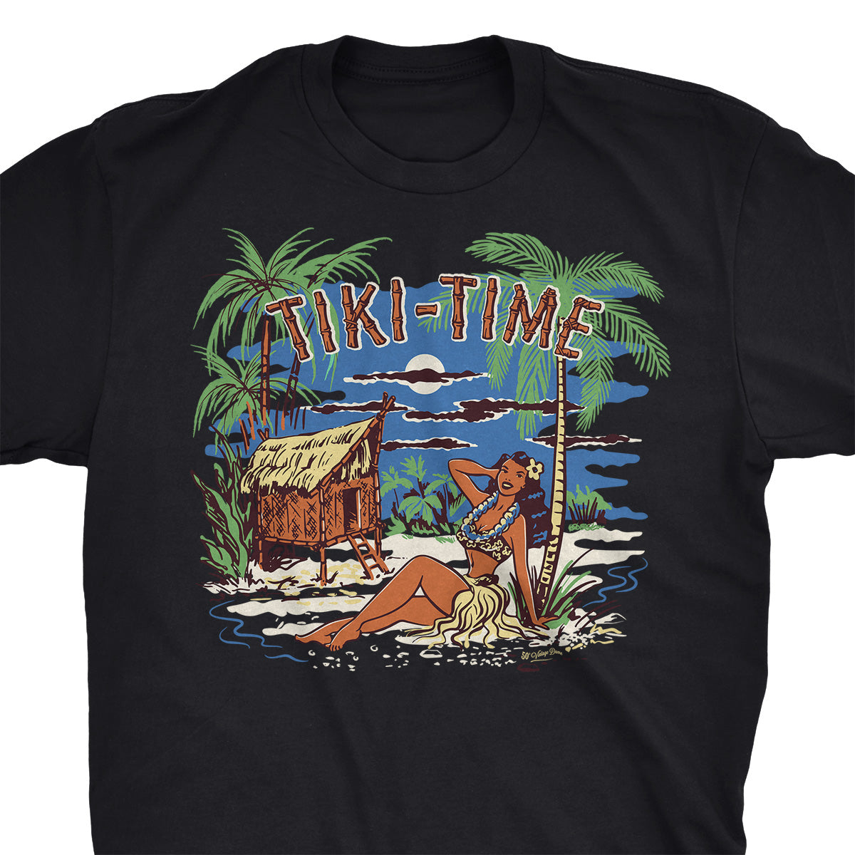 Unisex mens black t-shirt featuring a vintage style illustration of a tiki hut and a hula girl on a tropical island. Bamboo text says "Tiki-Time"