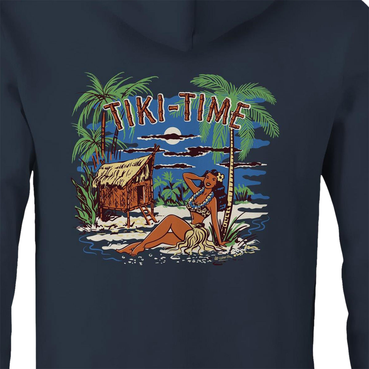 Navy hoodie with back print featuring a tropical scene with a beach chack and an island girl. Text says Tiki-Time