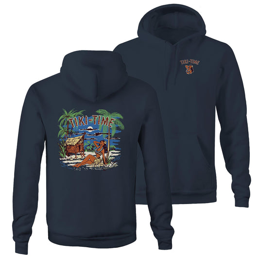 Navy hoodie with back print featuring a tropical scene with a beach chack and an island girl. Text says Tiki-Time