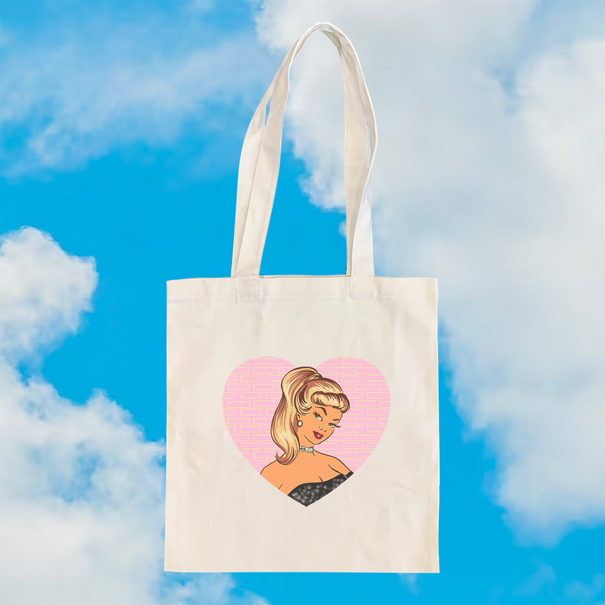 Shopping tote bag with a vintage image of Barbie in a love heart