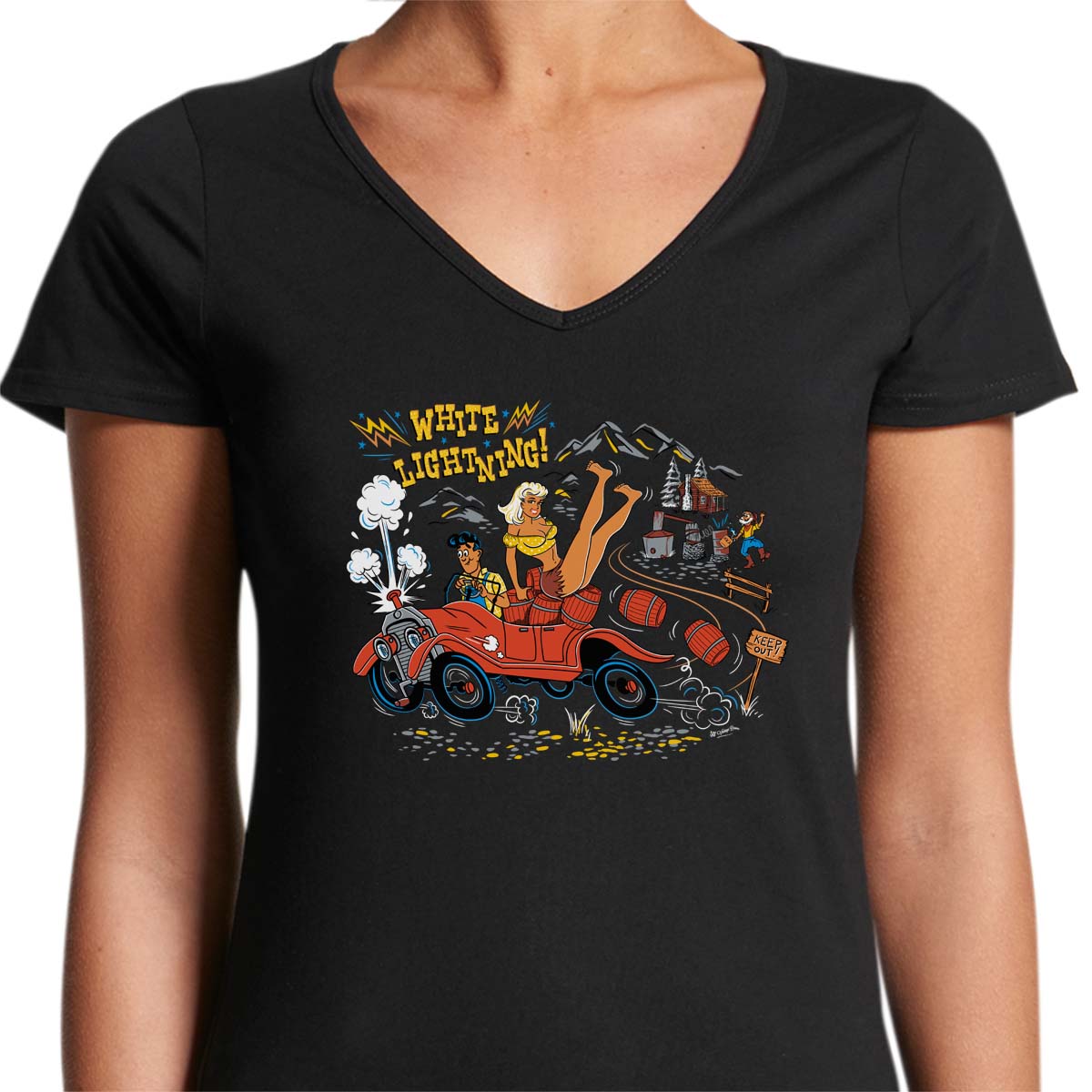 ladies black v neck tee shirt with a vintage style hillbillly scen of a car loaded with moonshine whiskey and the text "White Lightning"