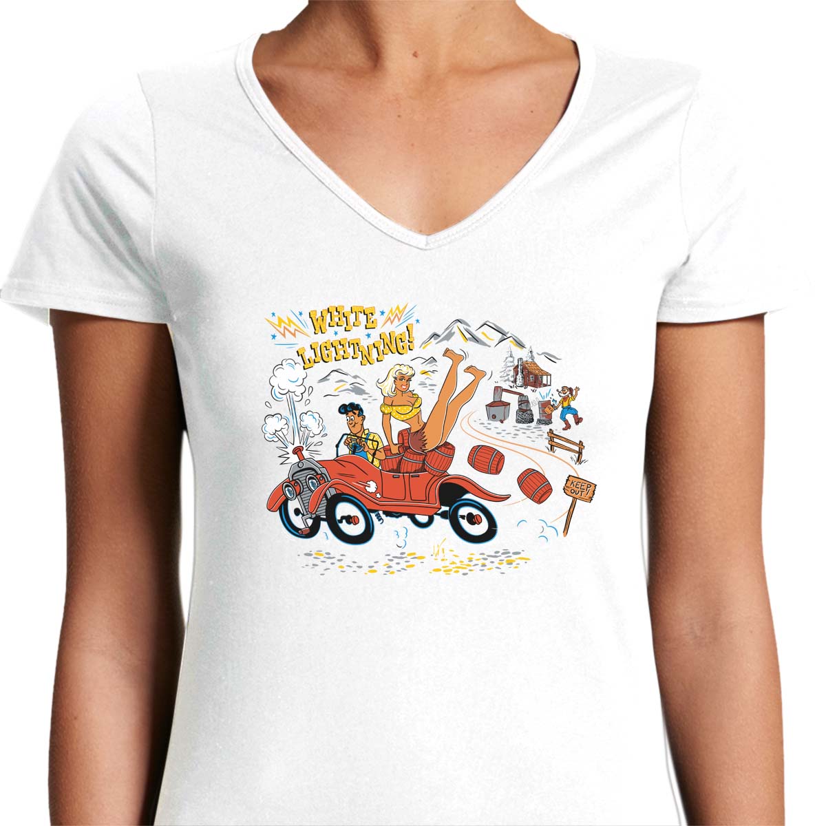 ladies white v neck tee shirt with a vintage style hillbillly scen of a car loaded with moonshine whiskey and the text "White Lightning"