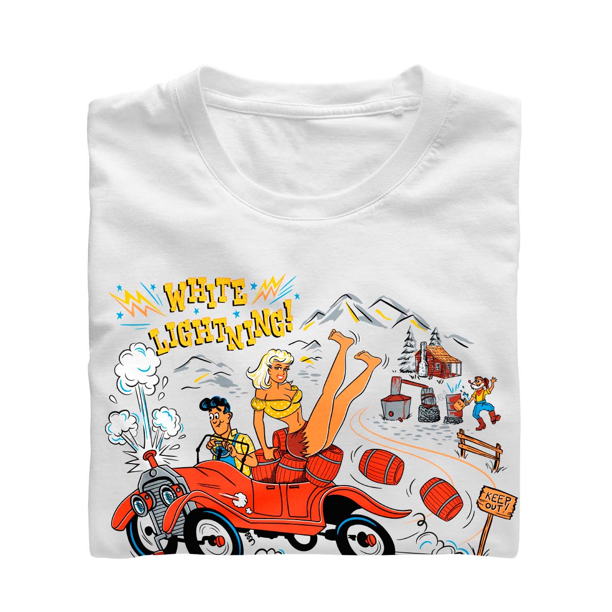 whit cotton t-shirt with an ilustration of a hillbilly driving a moonshine-laden jalopy trying to outrun the law. A pretty hilly girl sits on the back and pappy is in the background with his still. The text says "White Lightning"