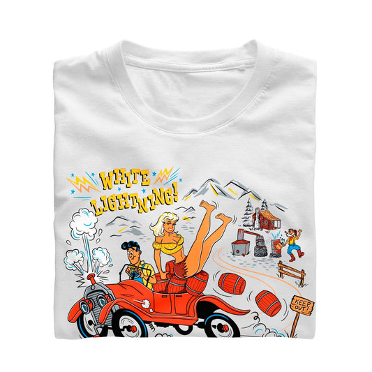 whit cotton t-shirt with an ilustration of a hillbilly driving a moonshine-laden jalopy trying to outrun the law. A pretty hilly girl sits on the back and pappy is in the background with his still. The text says "White Lightning"