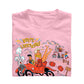 Pink t-shirt with an ilustration of a hillbilly driving a moonshine-laden jalopy trying to outrun the law. A pretty hilly girl sits on the back and pappy is in the background with his still. The text says "White Lightning"