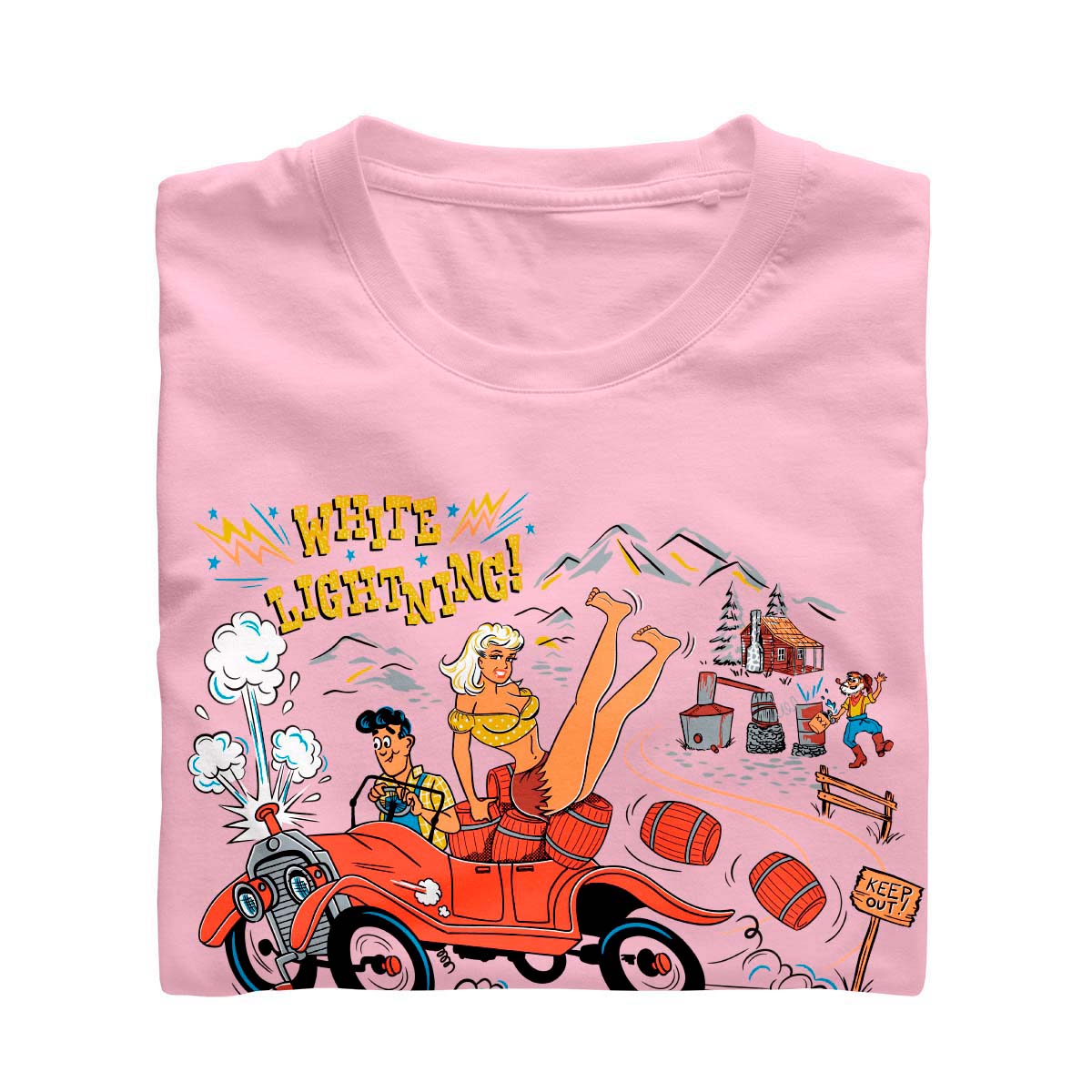 Pink t-shirt with an ilustration of a hillbilly driving a moonshine-laden jalopy trying to outrun the law. A pretty hilly girl sits on the back and pappy is in the background with his still. The text says "White Lightning"