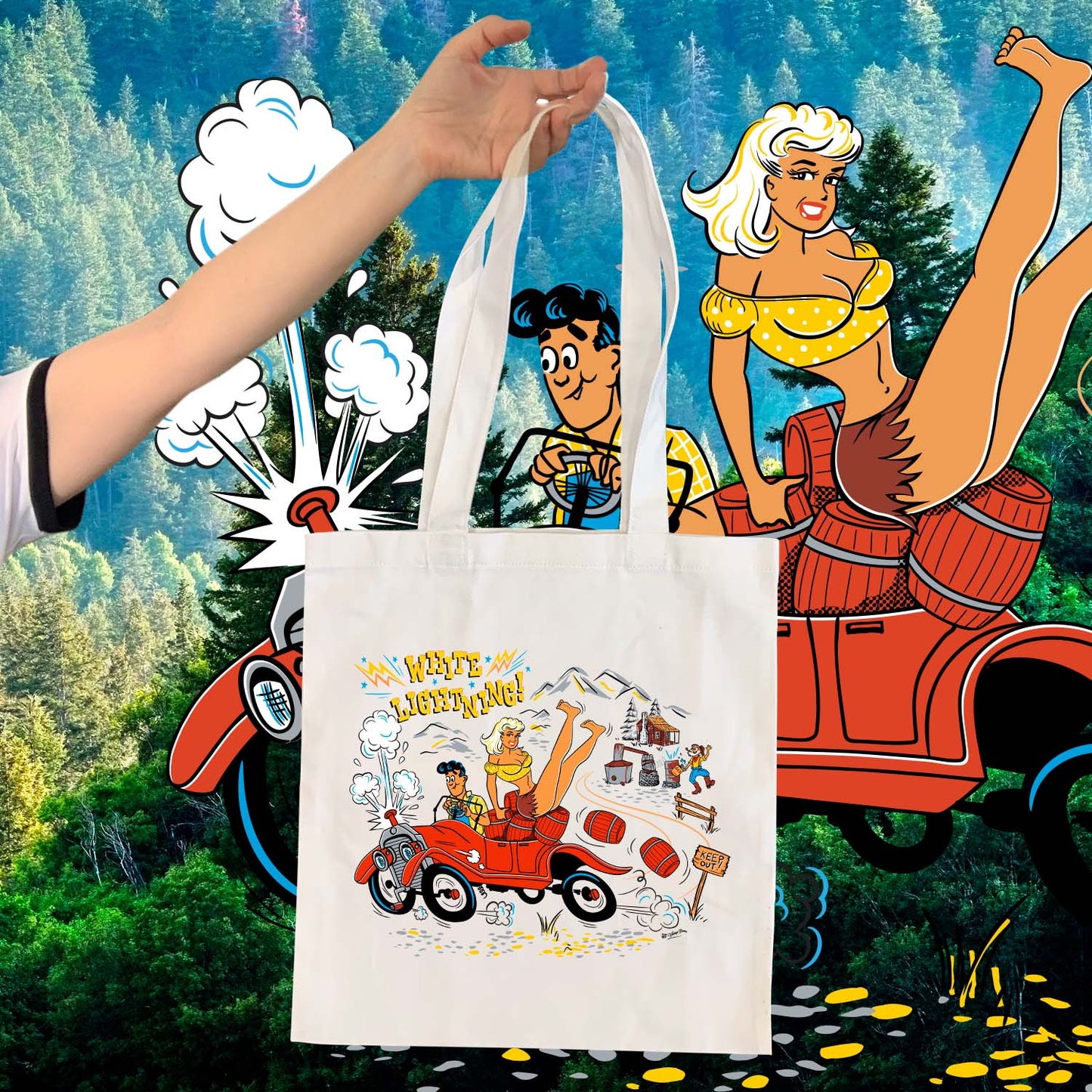 White Lightning hillbilly tote bag