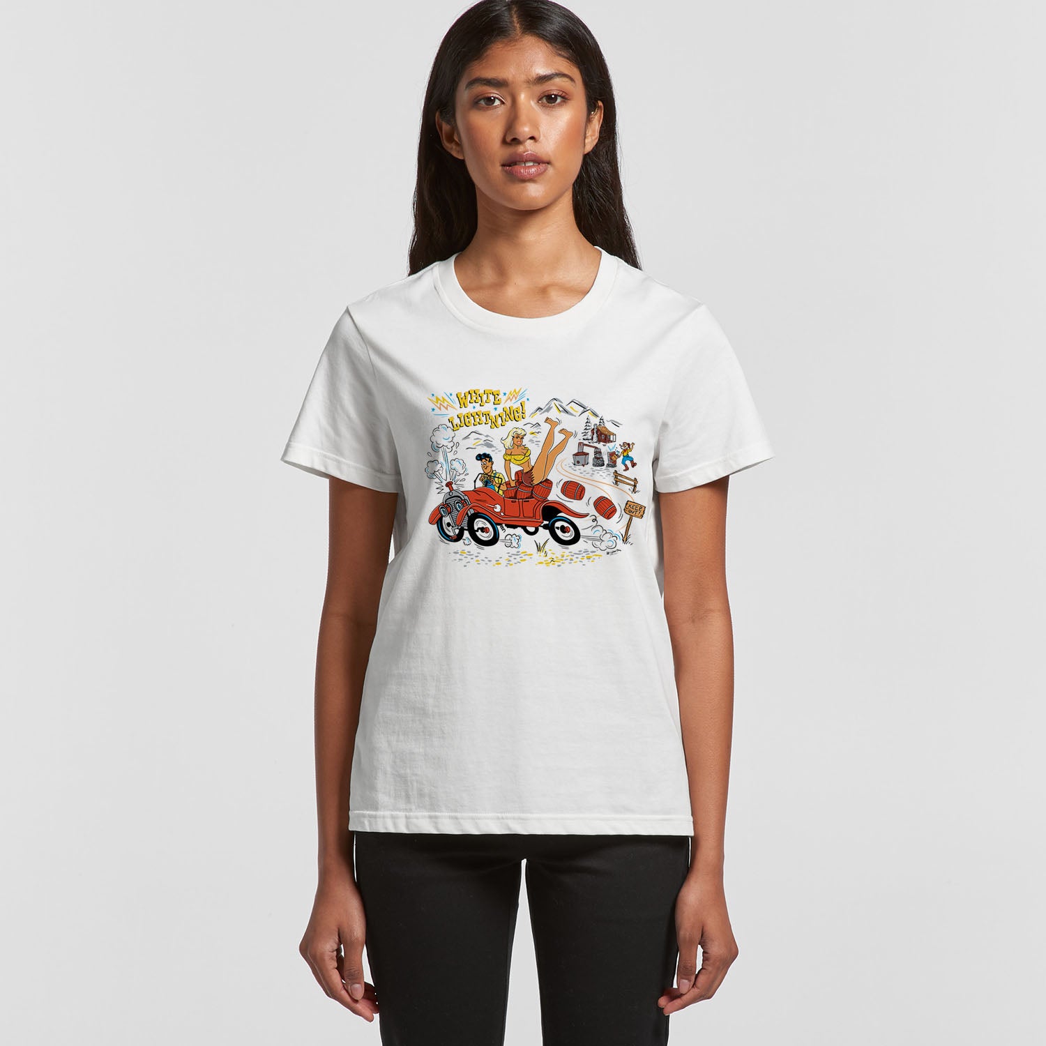 ladies white crew neck tee shirt with a vintage style hillbilly illustration of moonshiners running whiskey  and the text "White Lightning"