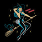 Detail picture of the design appearing on the tee shirt. A vintage pinup witch dressed in a black catsuit is riding a broomstick with a black cat on the back. The text reads "Witchy Business"