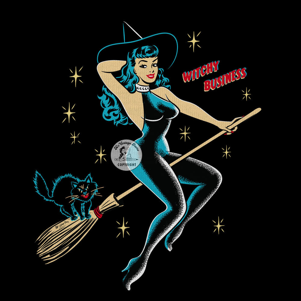 Detail of picture on the Halloween tee shirt. Pictured on the front is a vintage pinup witch wearing a black catsuit riding a broomstick with a cat on the back. The text reads "Witchy Business"