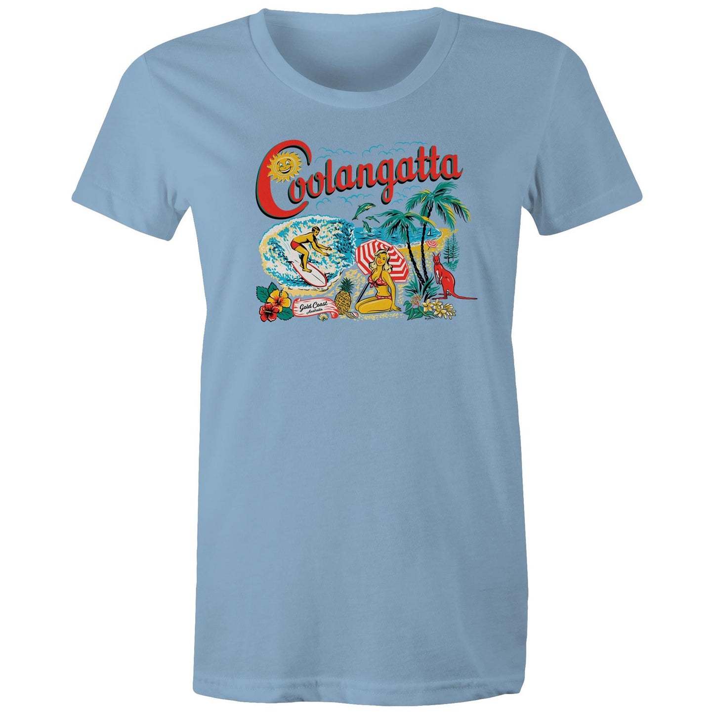 Vintage Coolangatta souvenir t-shirt showing beach scene and kangaroo - ladies light blue cotton t-shirt.