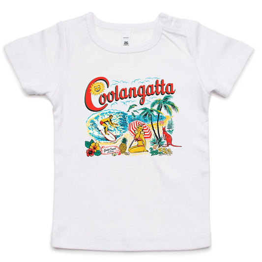 Vintage Coolangatta souvenir t-shirt showing beach scene and kangaroo. Infants size t-shirt.