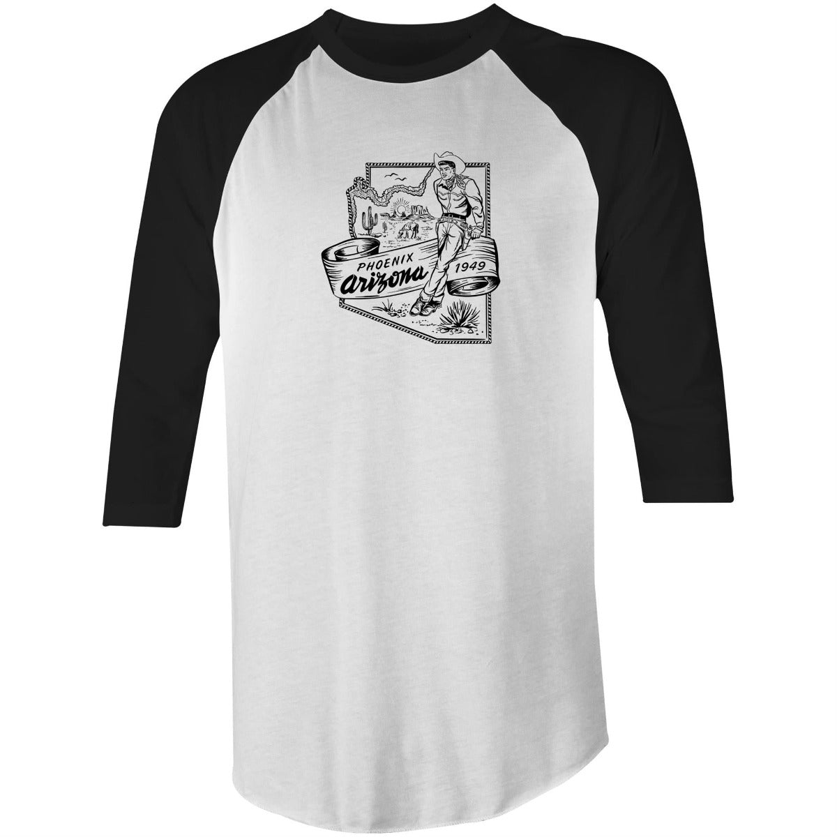 Phoeniz Arizona vintage souvenir style tee shirt in 3/4 length raglan sleeve style T-shirt. Black sleeves with white body. Black design featuring a vintage cowboy and a map of the state of Arizona,