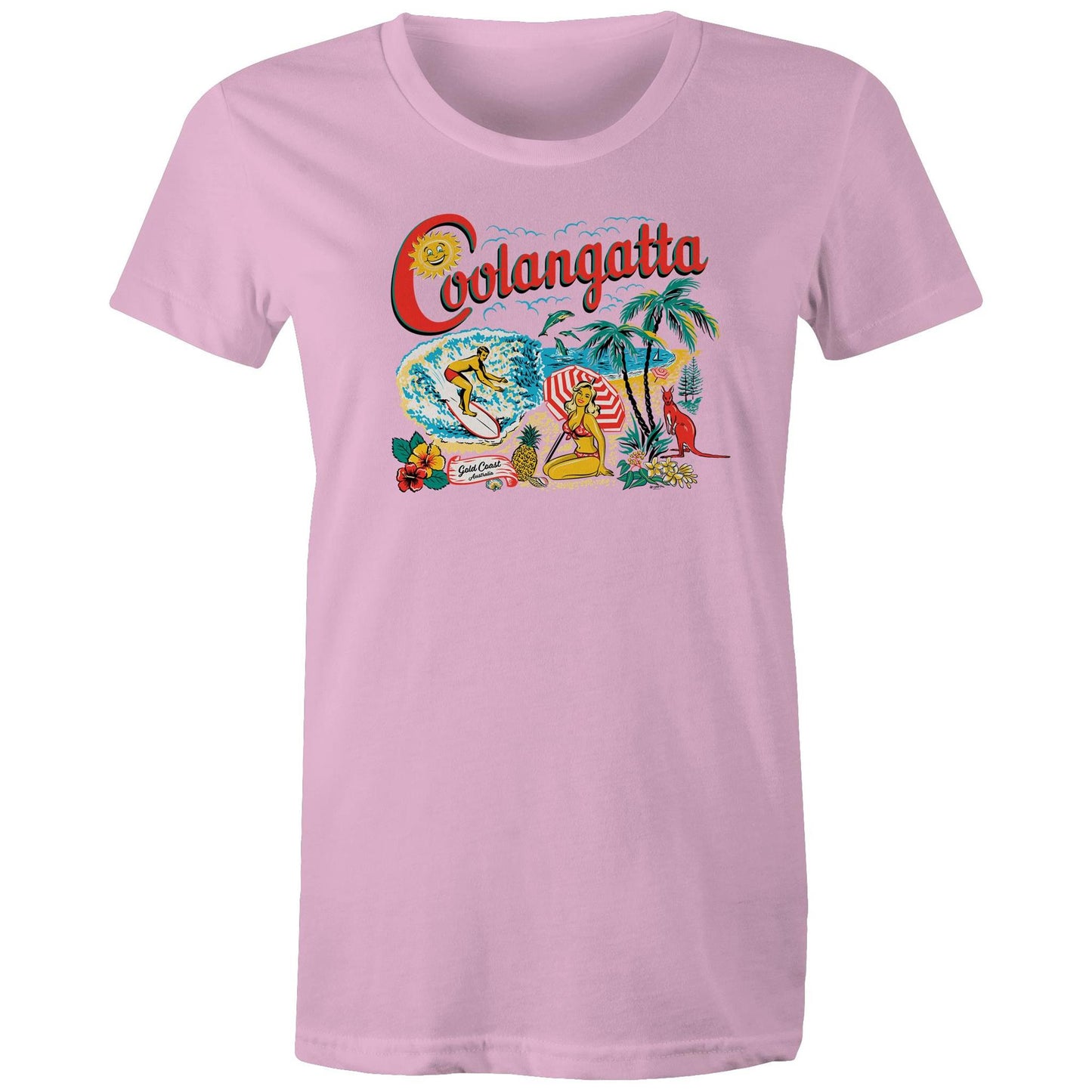 Vintage Coolangatta souvenir t-shirt showing beach scene and kangaroo - ladies light pink cotton t-shirt.