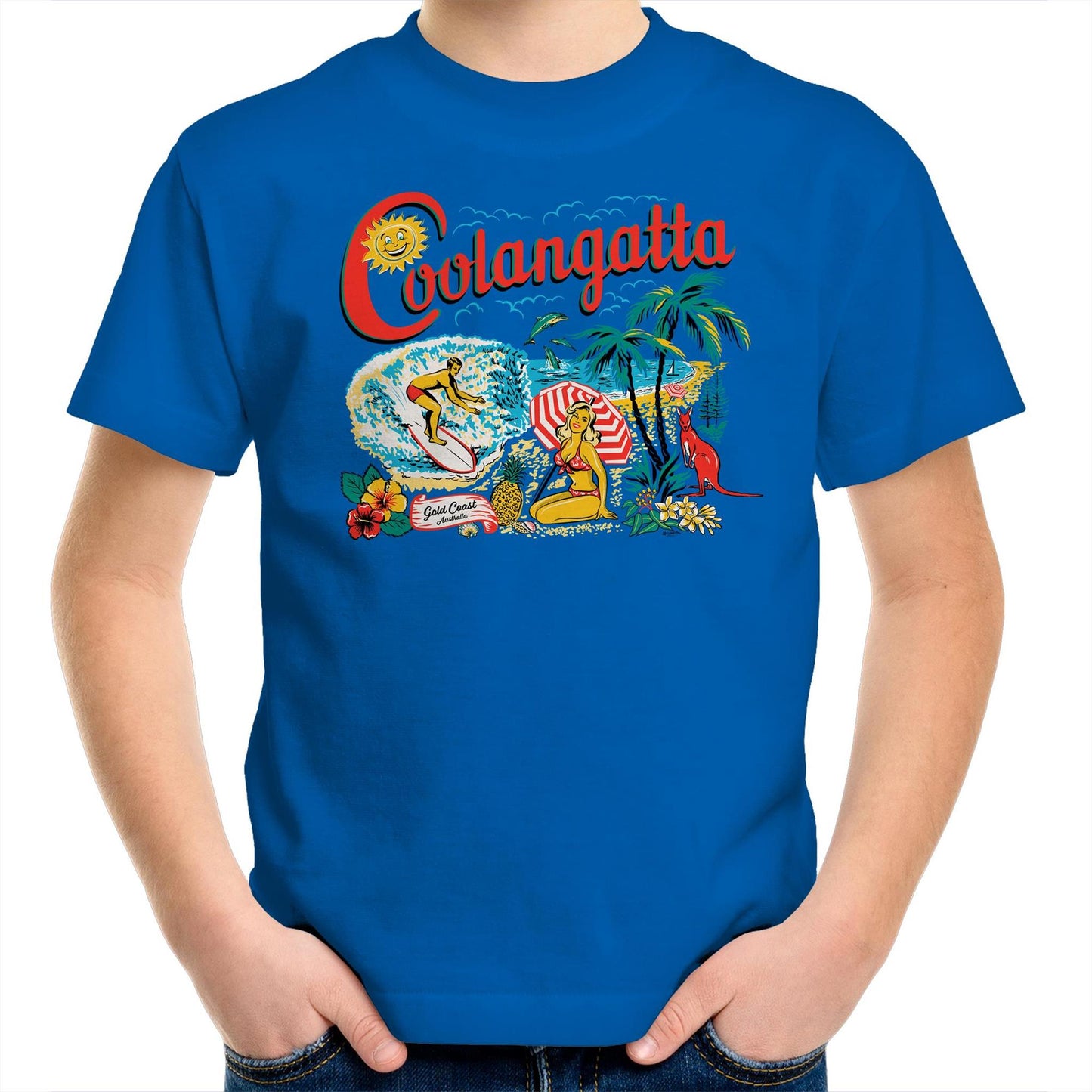 Vintage Coolangatta souvenir t-shirt showing beach scene and kangaroo. Childrens size royal blue t-shirt.