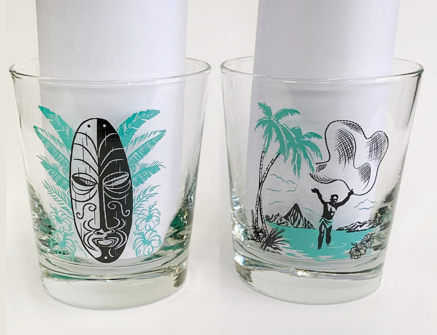 50s Vintage Dame designed maitai glasses with tiki mask and island fisherman