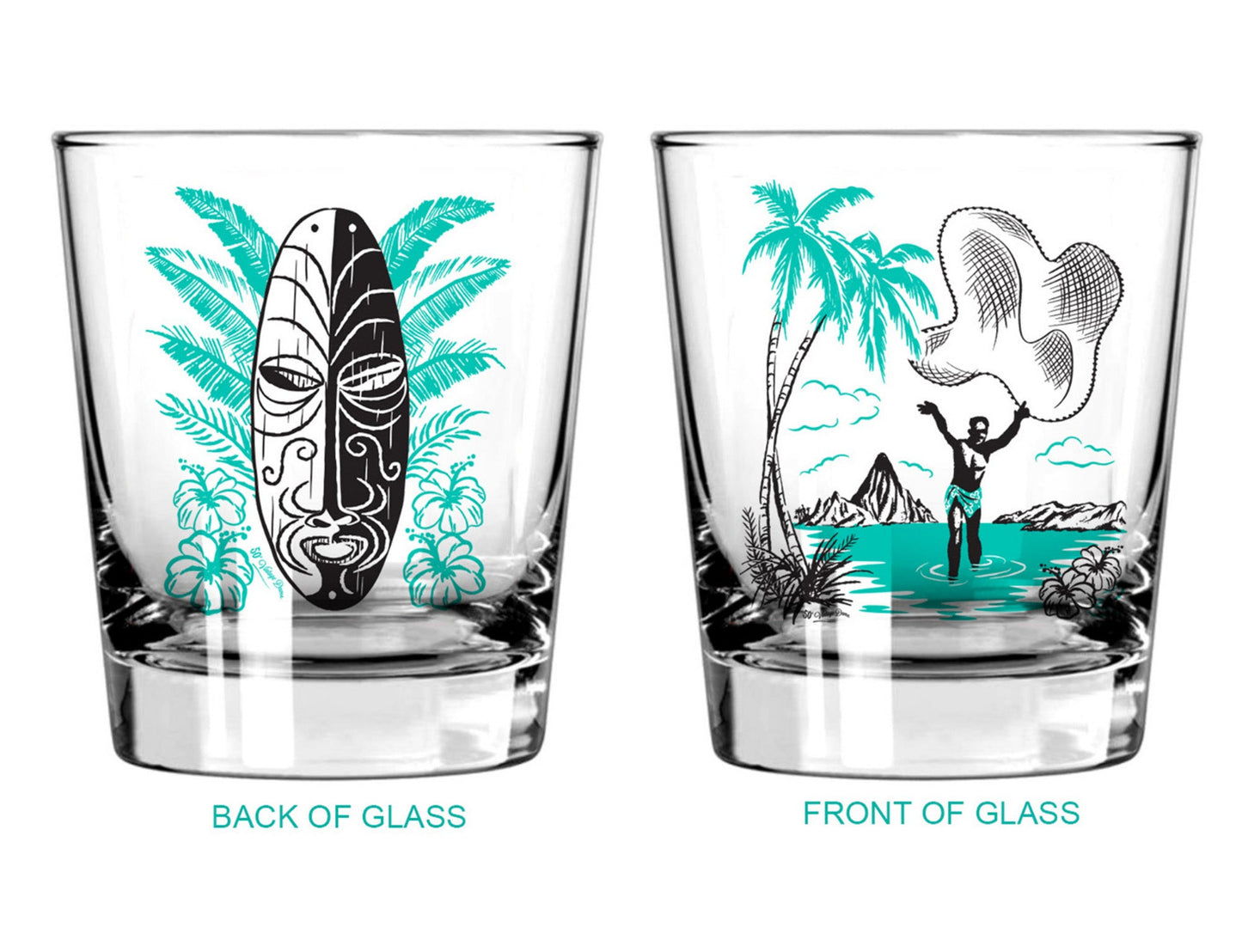 50s Vintage Dame designed maitai glasses with tiki mask and island fisherman