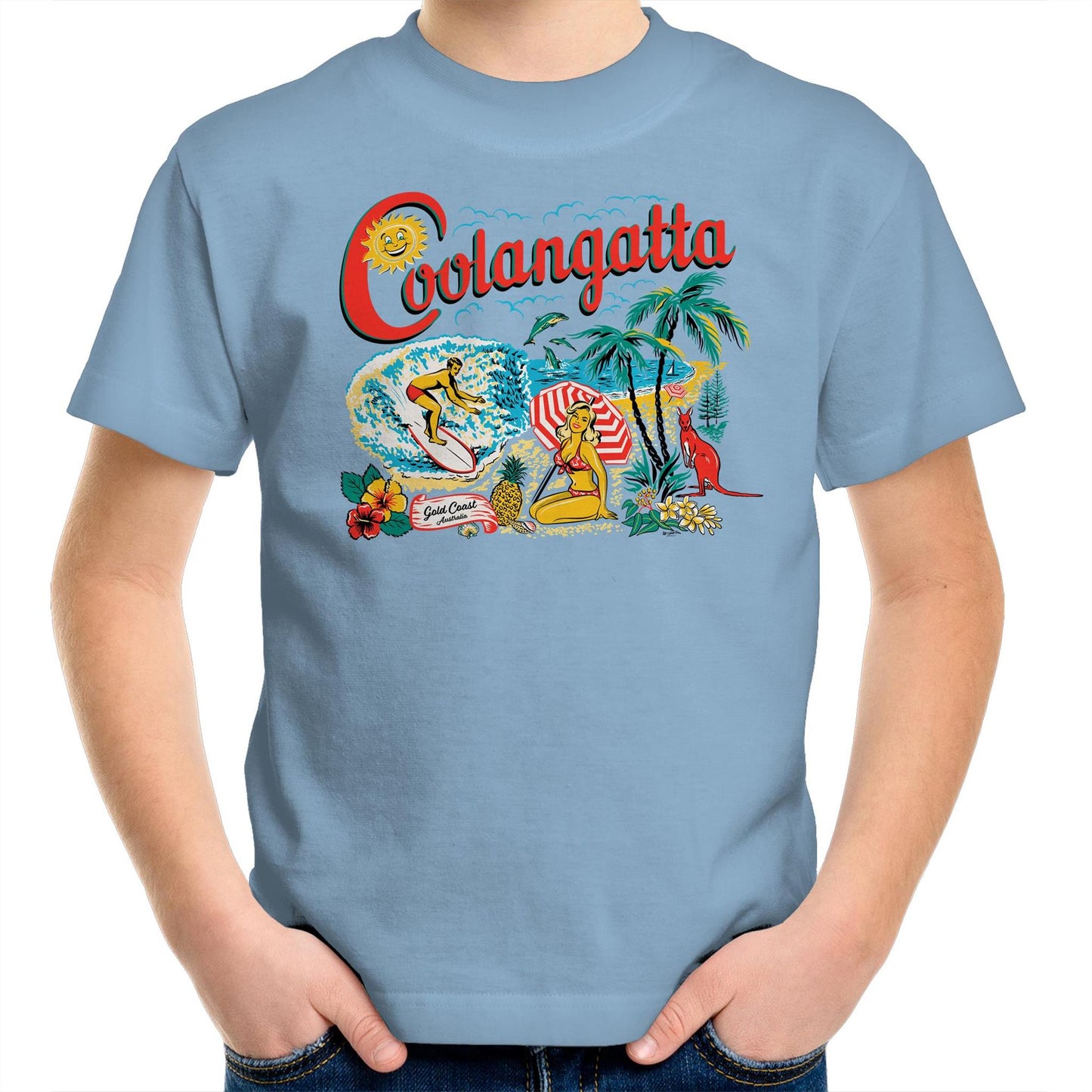 Vintage Coolangatta souvenir t-shirt showing beach scene and kangaroo. Childrens size pale blue t-shirt.