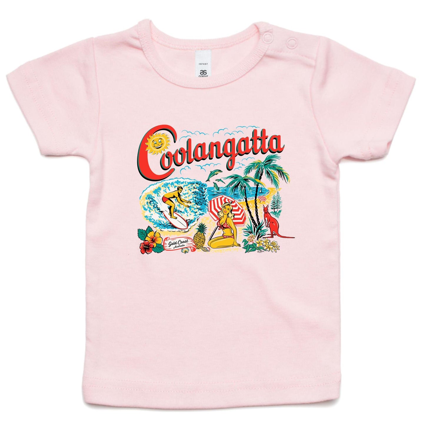 Vintage Coolangatta souvenir t-shirt showing beach scene and kangaroo. Infants size pale pink t-shirt.