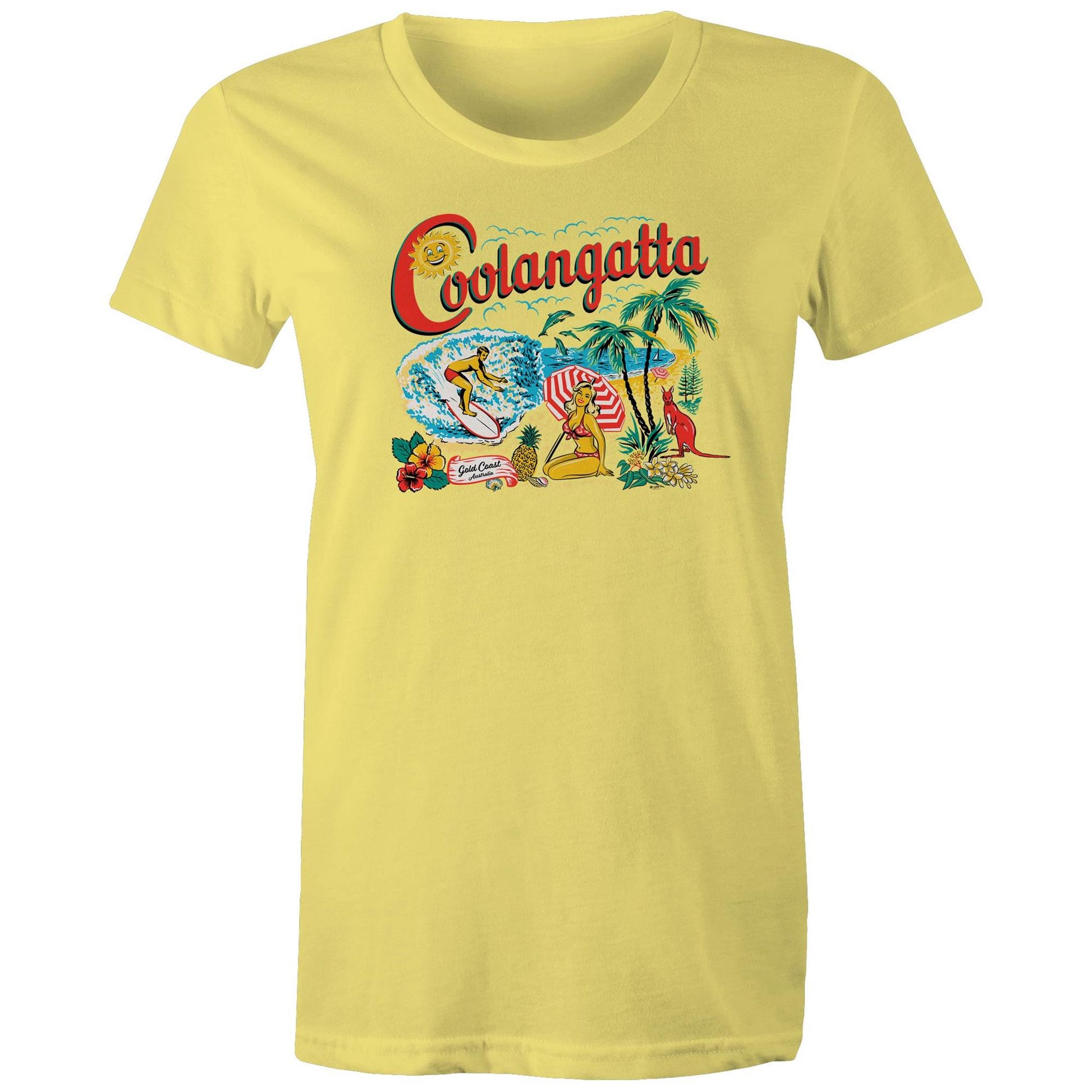 Vintage Coolangatta souvenir t-shirt showing beach scene and kangaroo - ladies yellow cotton t-shirt.