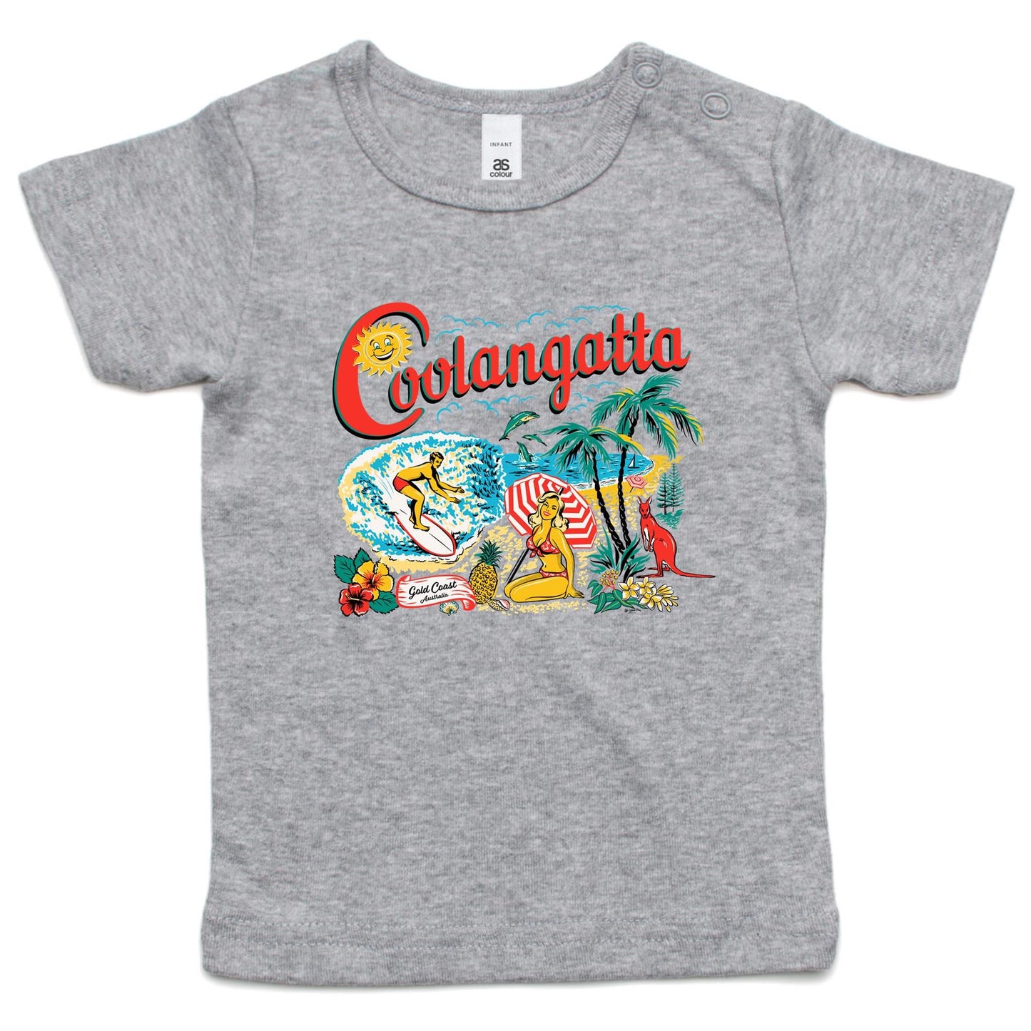 Vintage Coolangatta souvenir t-shirt showing beach scene and kangaroo. Infants size grey marle t-shirt.