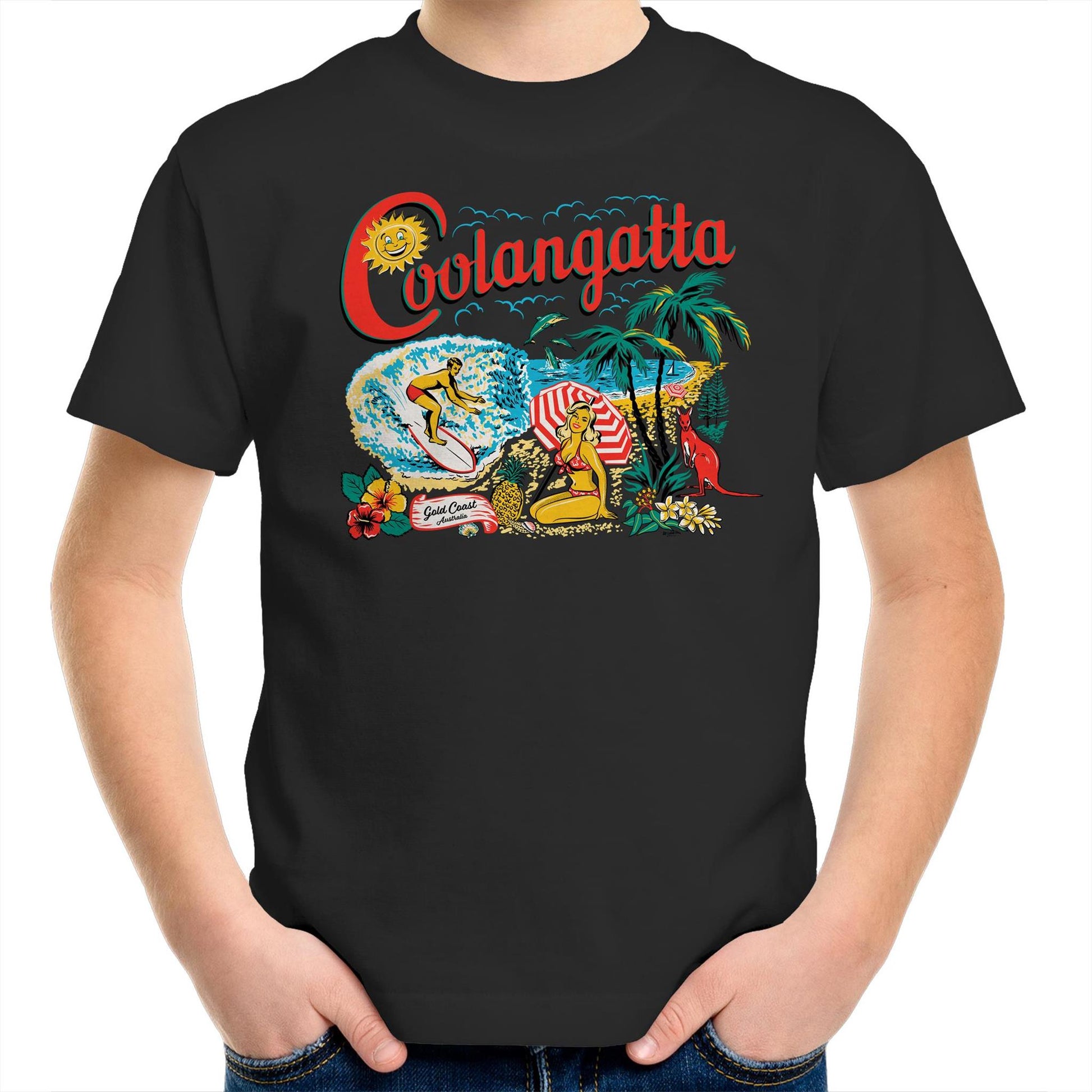 Vintage Coolangatta souvenir t-shirt showing beach scene and kangaroo. Childrens size black t-shirt.