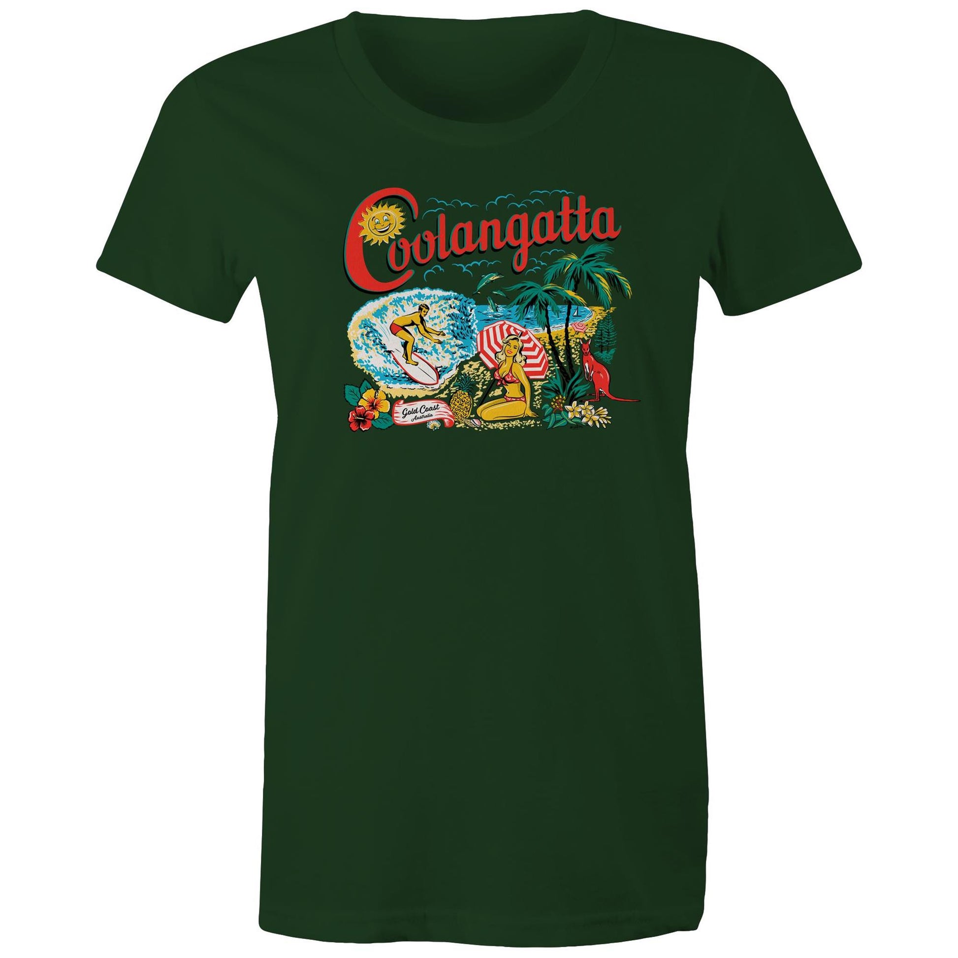 Vintage Coolangatta souvenir t-shirt showing beach scene and kangaroo - ladies dark green cotton t-shirt.