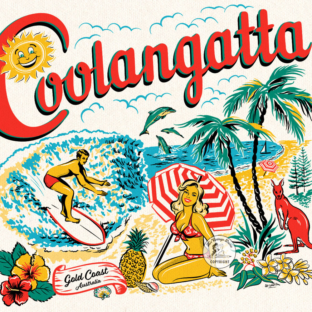 Vintage Coongatta souvenir t-shirt showing beach scene and kangaroo