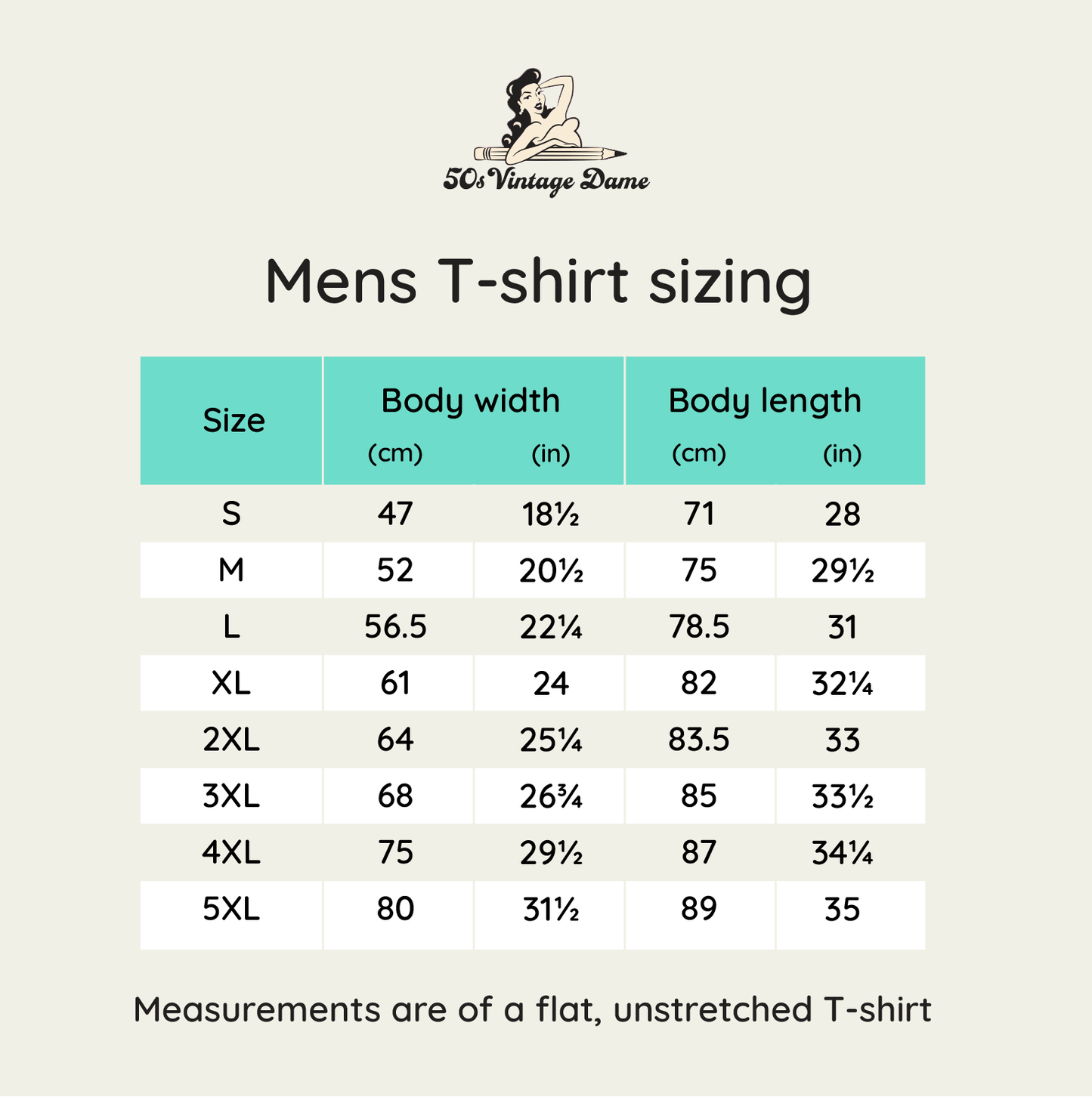 Size chart for tee shirts