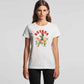 Vintage-style illustration by 50s Vintage Dame of a pinup cowgirl sitting on a wooden fence holding a Royal Flush. Headline says "Nevada" . White short-sleeved tee shirt.
