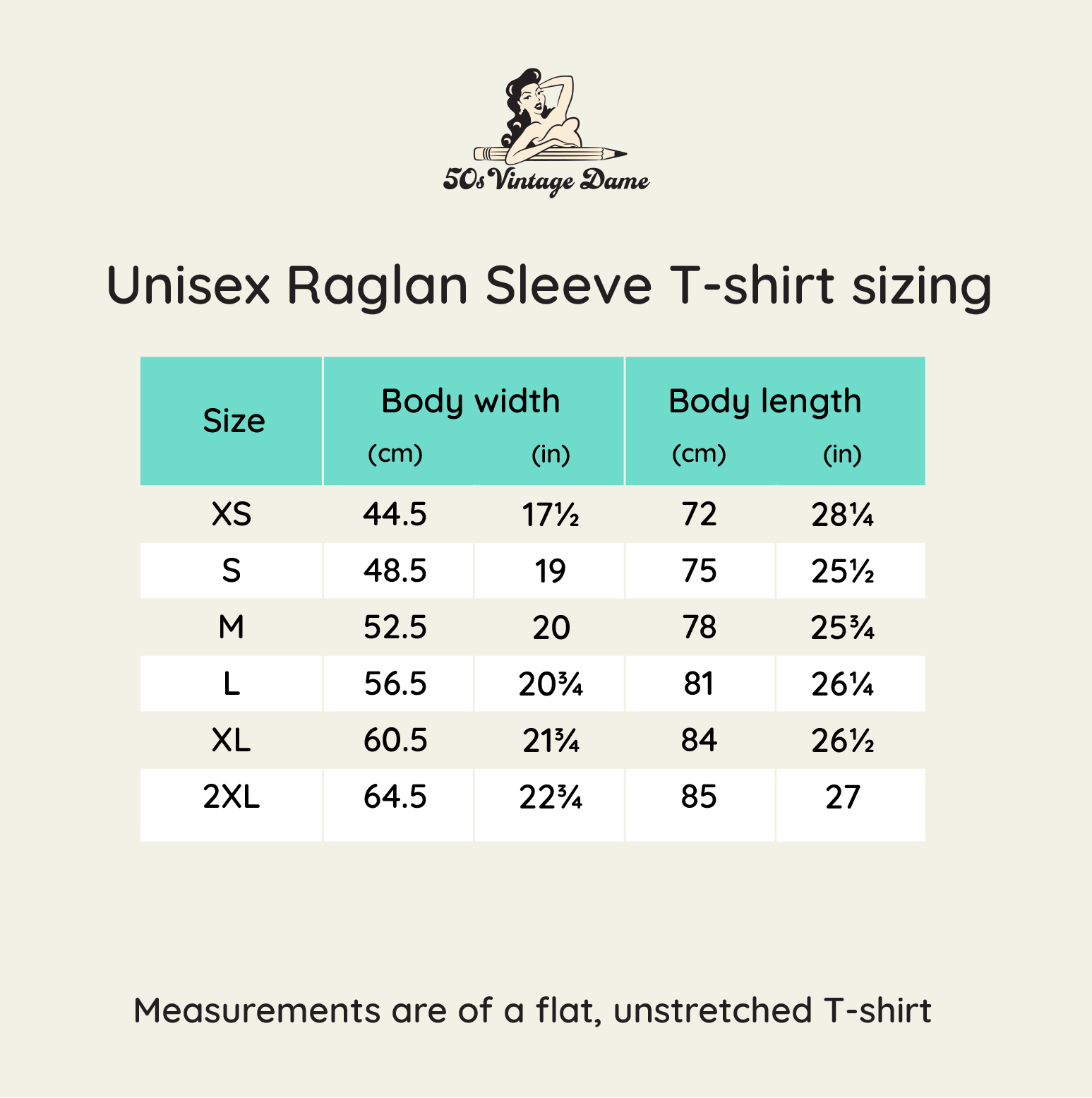 Size chat for raglan sleev shirt