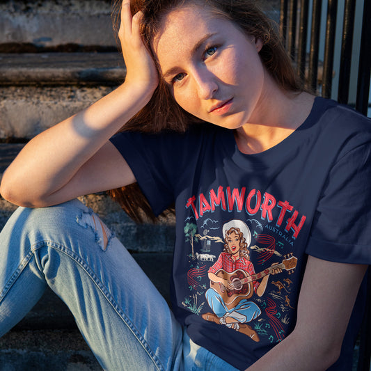 Tamworth country music ladies tee in navy featuring vintage country music singer