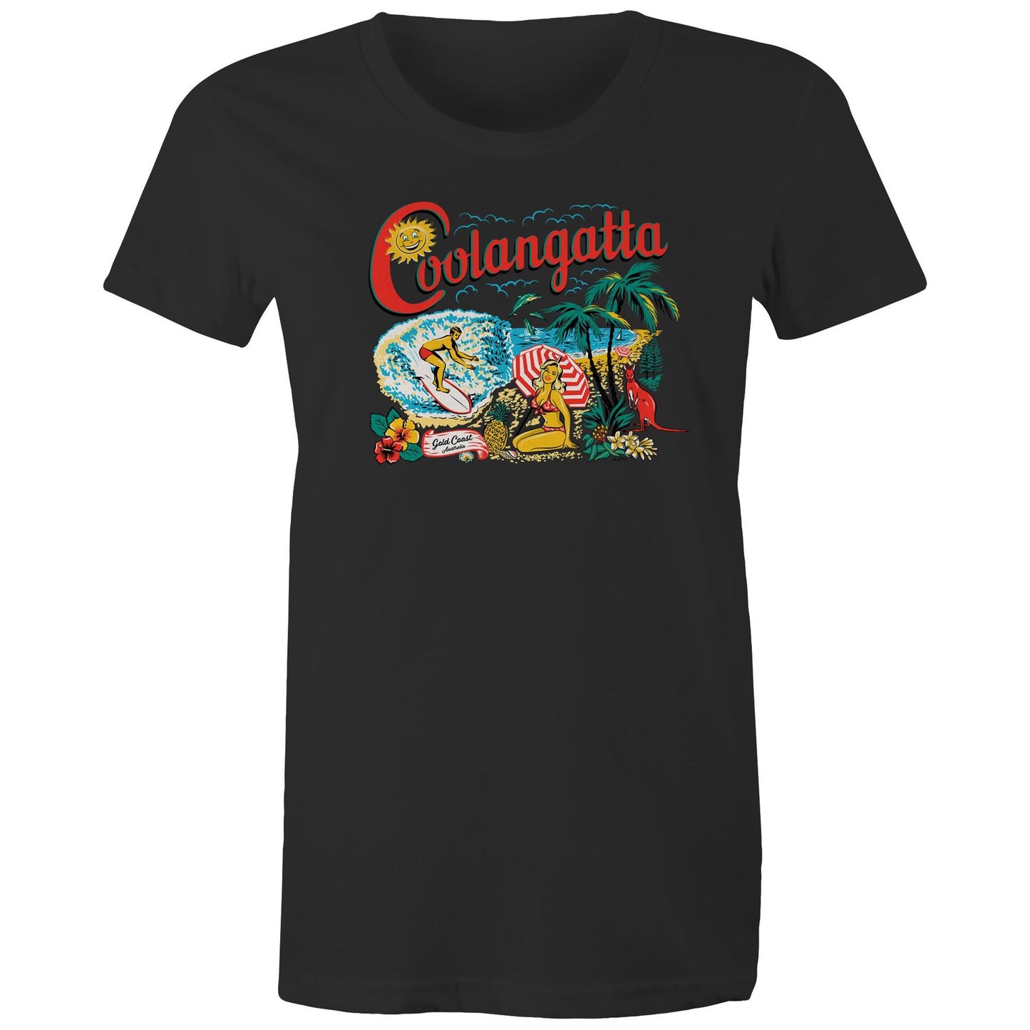 Vintage Coolangatta souvenir t-shirt showing beach scene and kangaroo - ladies black cotton t-shirt.