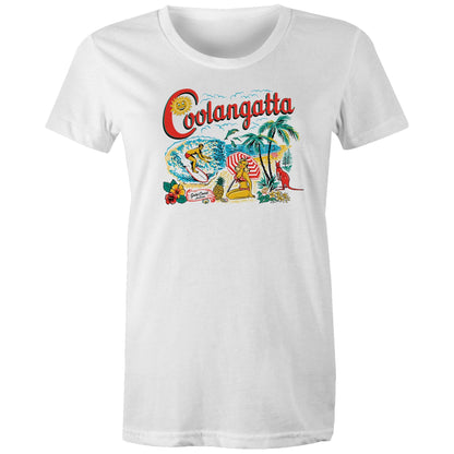 Vintage Coolangatta souvenir t-shirt showing beach scene and kangaroo - ladies white cotton t-shirt.