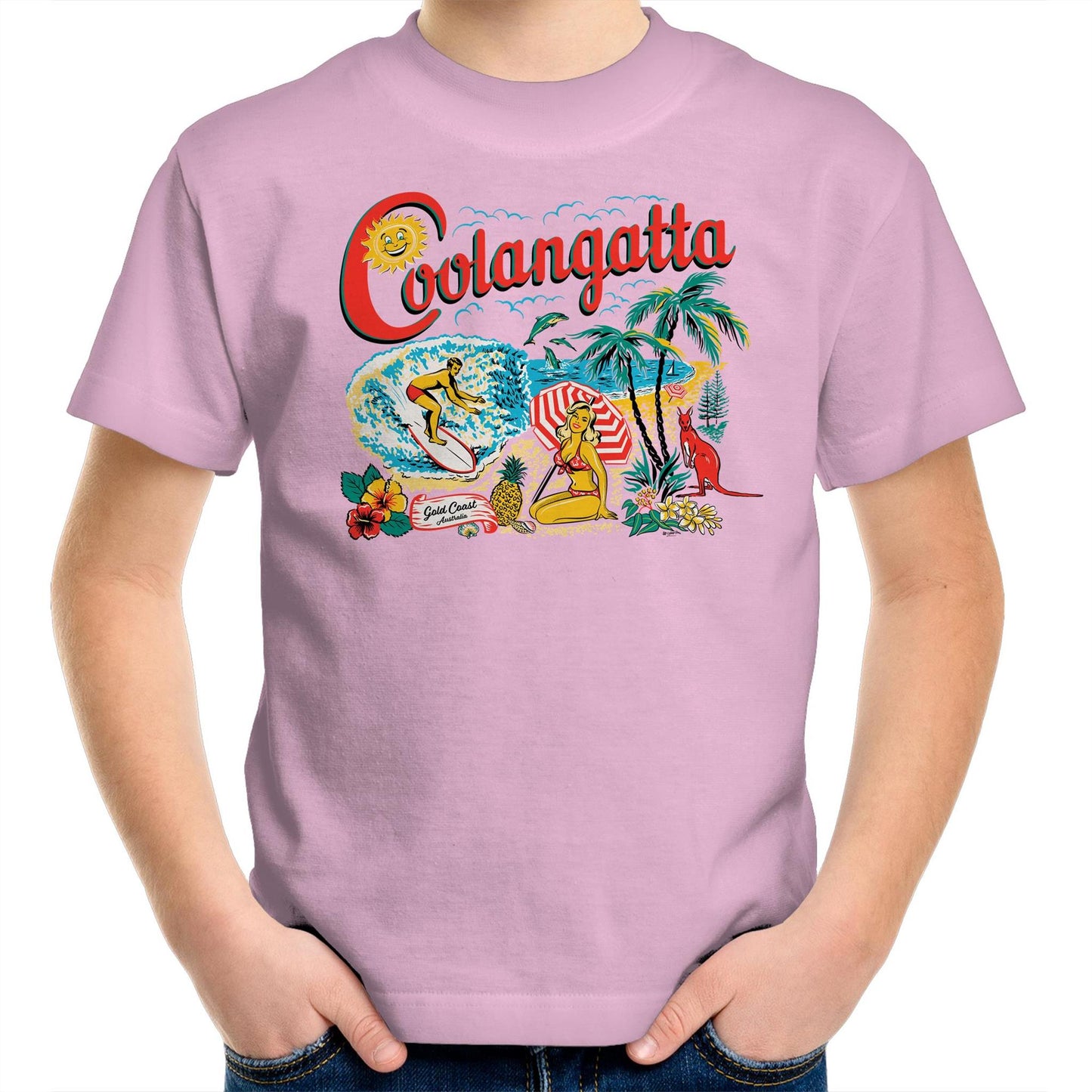 Vintage Coolangatta souvenir t-shirt showing beach scene and kangaroo. Childrens size pale pink t-shirt.