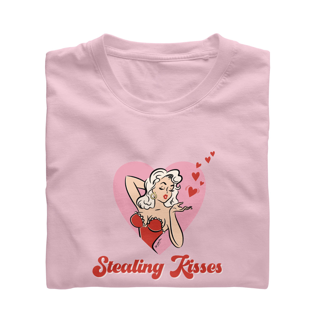 Tee shirt with vintage illustration of a pinup girl inside a heart blowing kisses. caption says Stealing Kisses.